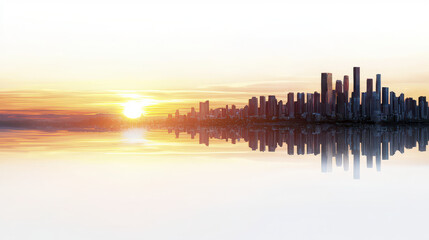 Fototapeta premium Stunning urban skyline at sunset, reflecting beautifully on calm water, creating serene atmosphere