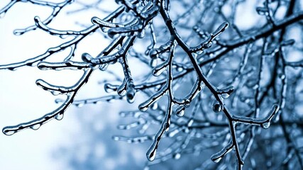 Close-up of tree branches covered in glistening ice. Frozen twigs after a winter ice storm. Cold weather nature background - Powered by Adobe
