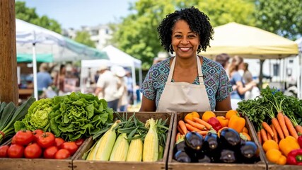 A happy African American woman vendor smiling at her produce stall. Selling fresh local vegetables at an outdoor farmers' market. Small business and community concept