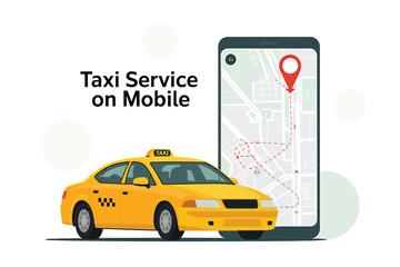 Naklejka premium Vector art of taxi service on mobile, featuring a yellow taxi car and a smartphone displaying a map with a location pin for easy transportation on transparent background