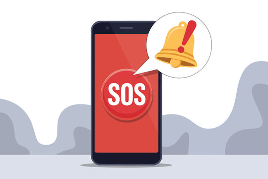 Vector art of a smartphone with a cracked screen displays an sos message and a notification bell, concept for emergency call or assistance needed on transparent background