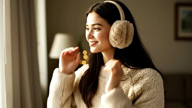 Young woman wearing a cozy sweater and fluffy earmuffs at home. Portrait of a smiling person looking out a window. Winter fashion and comfort concept