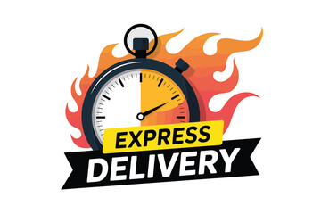 Vector art of express delivery stopwatch with flames, symbolizing fast and urgent shipping services, quick and efficient delivery guaranteed on transparent background