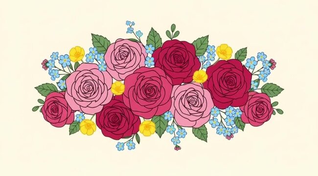 Decorative Rose Floral Arrangement Illustration. Pink, Red, Blue, Yellow Flowers, Green Leaves. Whimsical Vector Design.