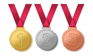 Vector art of gold, silver, and bronze medals first, second, and third place awards with red ribbons for sporting achievements and competitions on transparent background