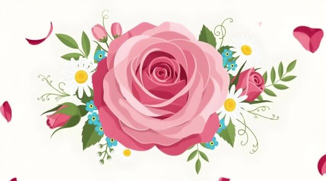 Beautiful Pink Rose Floral Illustration with Green Leaves, Small Blue Flowers, and Falling Petals on White Background