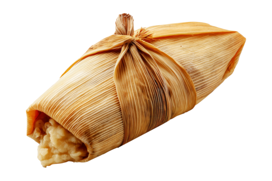 Venezuelan tamales wrapped in corn husk, tied with rustic rope, isolated on white transparent background, representing traditional South American cuisine