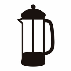Black silhouette of a French press coffee maker on white background