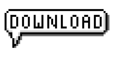 Pixel bubble speech download vector. Ideal for file transfer, digital content, and receiving data themes. This digital graphic is perfect for game, retro game, or 8 bit interface elements.
