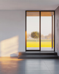 Fototapeta premium Modern interior showcasing large glass door revealing serene outdoor landscape during golden hour