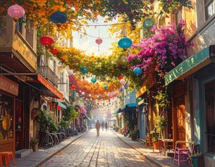 Obraz premium Charming Street Scene in Istanbul with Colorful Decorations.
