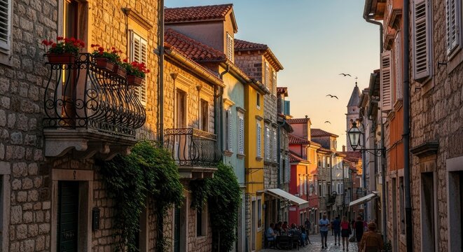Charming Street Scene in Trogir, Croatia at Sunset.