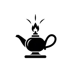 Black silhouette of an ancient oil lamp with a flame