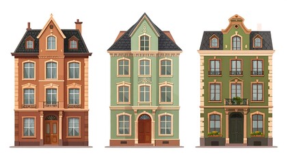 A vector illustration of three colorful, detailed facades of European-style residential buildings