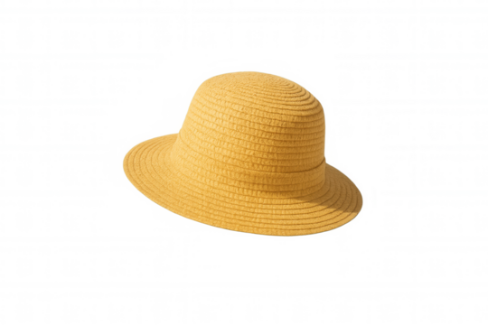 Yellow straw hat floating on transparent background, summer fashion accessory for beach and sun protection