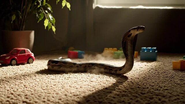 Majestic Cobra Displaying Hood in Room with Toys and Potted Plant on Beige Carpet Underneath Window Casting Soft Lighting, Animal Behavior and Interaction in Domestic Environment Focus
