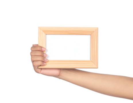 Hand holding a wooden picture frame isolated on transparent background new png - Powered by Adobe