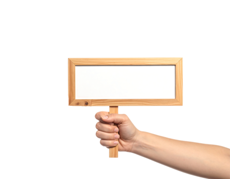 Hand holding a wooden sign isolated on transparent background new png