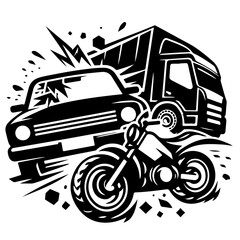 A black and white illustration of a car truck and motorcycle in a dynamic and stylized arrangement