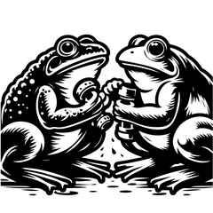 Two stylized frogs in black and white holding objects facing each other in a symmetrical composition