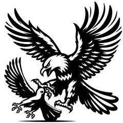 Eagle attacking a dove in a black and white illustration with wings spread and talons extended in a fight