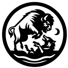 A black and white illustration of a bison and wolf in a circle with a crescent moon above them both