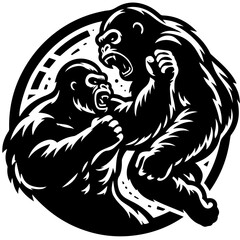 Two gorillas in a fierce confrontation within a circular frame in a bold black and white illustration style