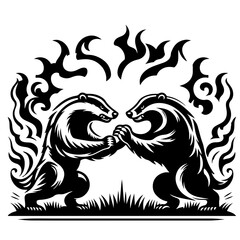 Two mirrored badgers facing each other with paws touching and decorative swirls above them in black and white