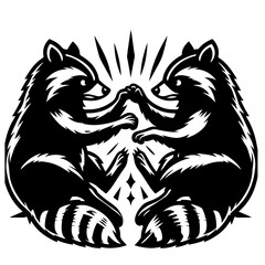 Two raccoons facing each other with paws touching in a symmetrical black and white illustration style