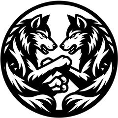 Two wolves facing each other in a circular design with intertwined paws and detailed fur patterns shown