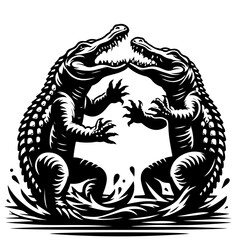 Two alligators facing each other in a stylized black and white illustration showing teeth and claws