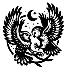 Two owls facing each other with wings spread under a crescent moon and stars in a circular frame