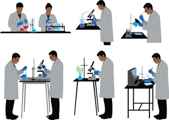 Scientist silhouette, lab research, microscope study, petri dish, pipette action, data analysis, black vector, test tube, lab coat,, biology lab,, research team, sterile environment