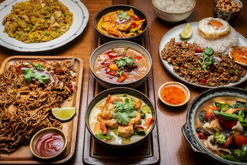 mixed traditional cuisine popular thai food dishes on bangkok restaurant table