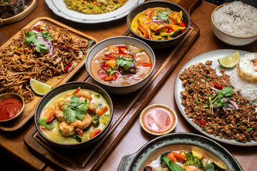 mixed traditional cuisine popular thai food dishes on bangkok restaurant table