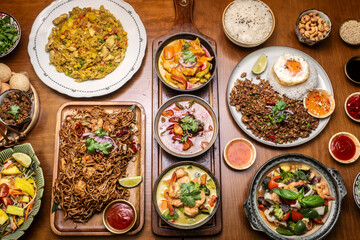 mixed traditional cuisine popular thai food dishes on bangkok restaurant table