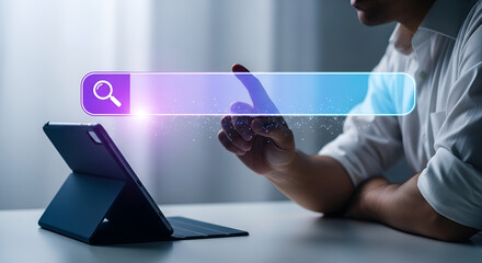 Person using tablet with digital search interface and magnifying glass hologram effect