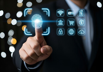 Businessman touching digital fingerprint security interface with technology icons
