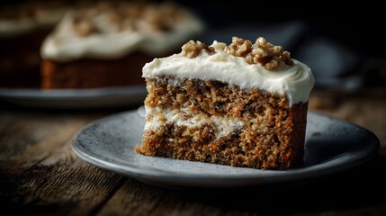 Close up of a moist carrot cake slice with creamy cream cheese frosting and walnut topping set on a rustic grey plate