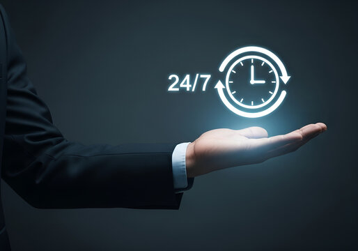 Business hand holding 247 clock icon symbolizing constant availability and support