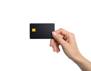 Hand holding a black credit card isolated on transparent background new png