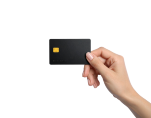 Hand holding a black credit card isolated on transparent background new png