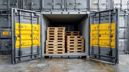 Industrial shipping container with open doors revealing stacked wooden pallets inside, showcasing organized storage solutions and efficient logistics management in a warehouse environment