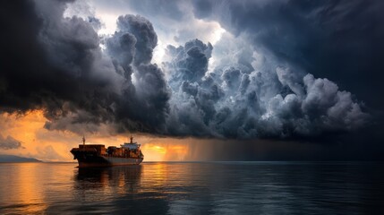 Fototapeta premium Cargo ship sailing on calm waters under dramatic storm clouds, illuminated by golden sunset, creating a striking contrast in the maritime landscape