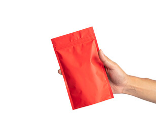 Hand holding a red pouch isolated on transparent background new png