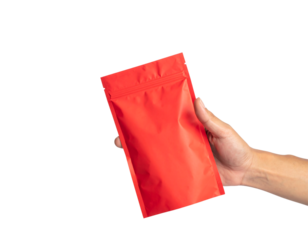Hand holding a red pouch isolated on transparent background new png