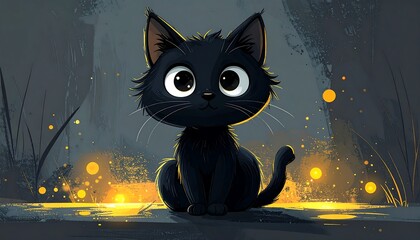 Whimsical, cartoonish black cat with big eyes and glowing bokeh lights