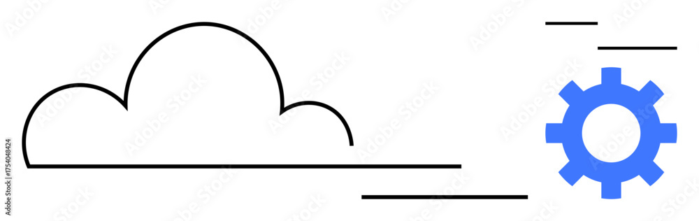 Wall mural minimalist cloud outline with blue gear and dynamic lines representing innovation, data flow, and te