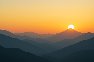 Fototapeta premium Majestic mountain landscape with soft layered silhouettes at sunset and glowing sun behind peak on vibrant orange background. Ai generative