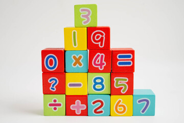 Number wood block cubes for learning Mathematic, education math.